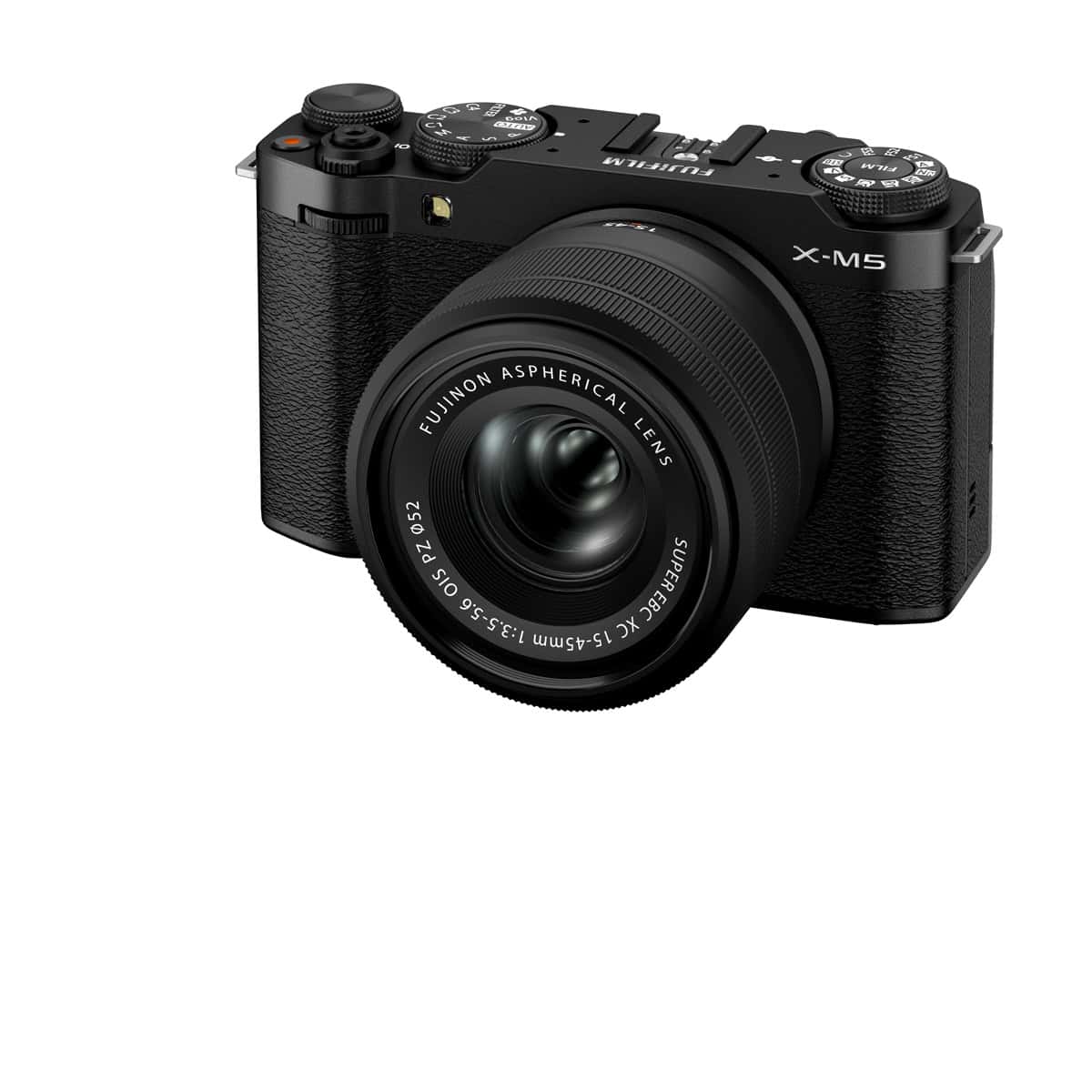 Fujifilm X-M5 Kamera mit 15-45mm Objektiv in Schwarz.